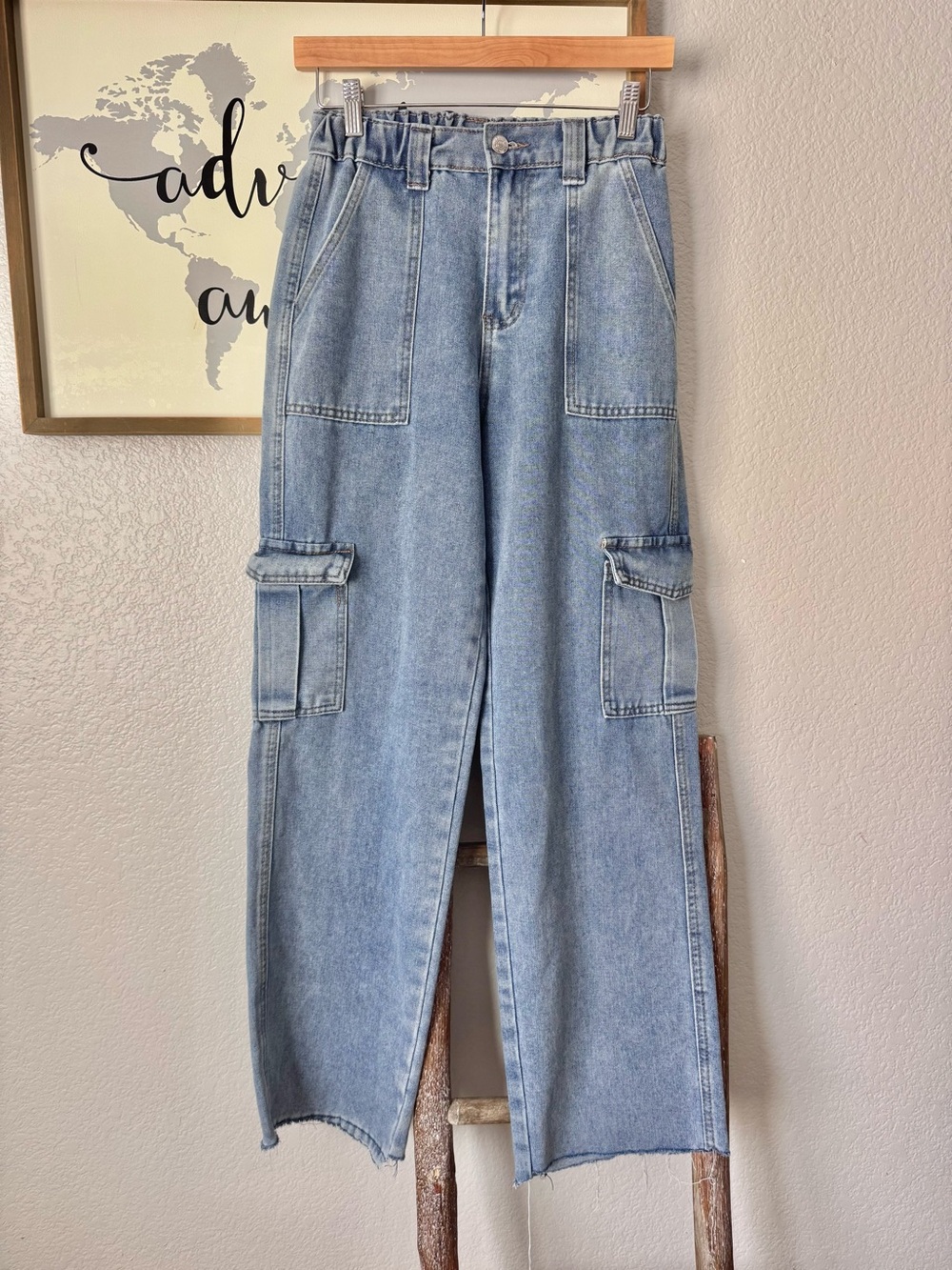 Shein relaxed fit cargo pants raw hem size 27 denim jeans